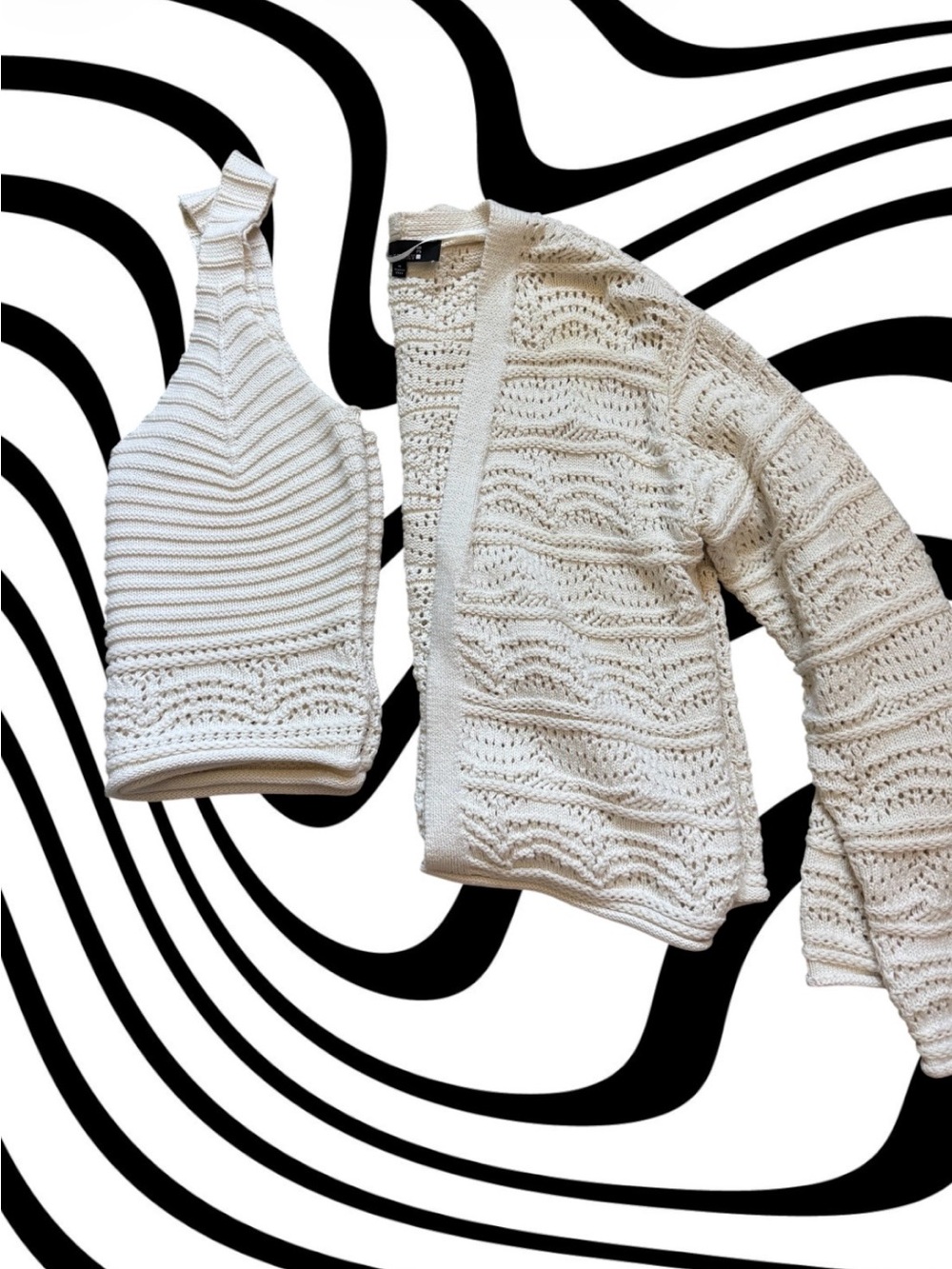 Cream Crochet Knit Cardigan & Halter Top Set - Women's Sweater Duo